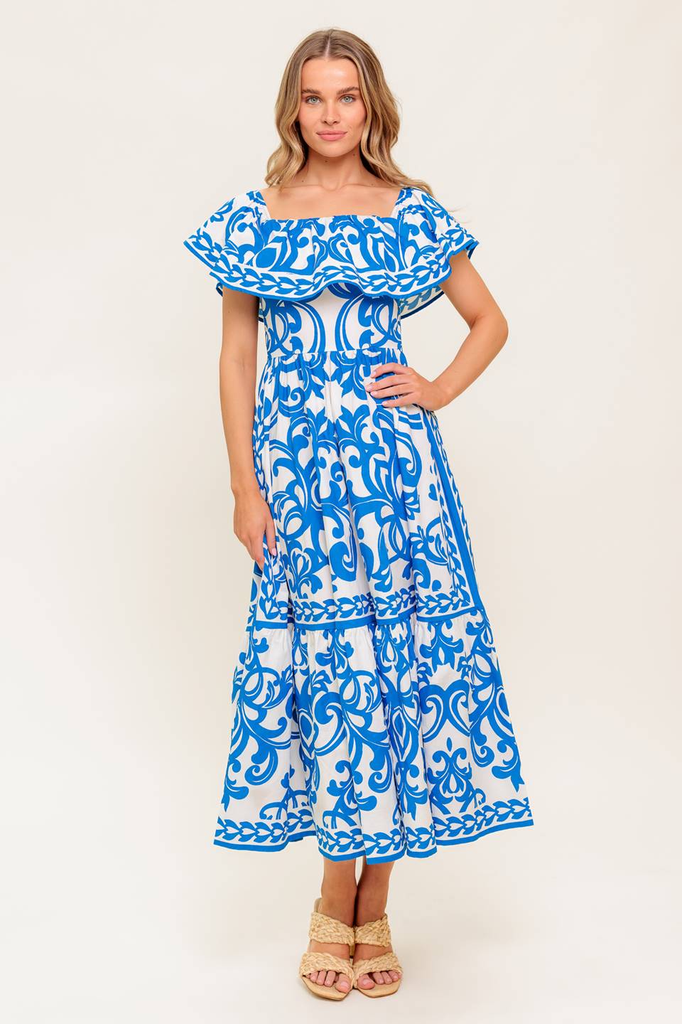 BLOOM SERENADE BLUE WOVEN MIDI DRESS - By Baano