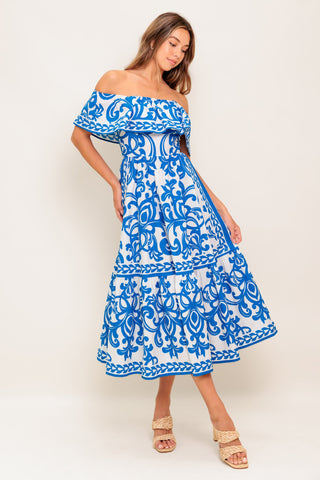 BLOOM SERENADE BLUE WOVEN MIDI DRESS - By Baano