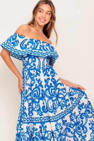 BLOOM SERENADE BLUE WOVEN MIDI DRESS - By Baano
