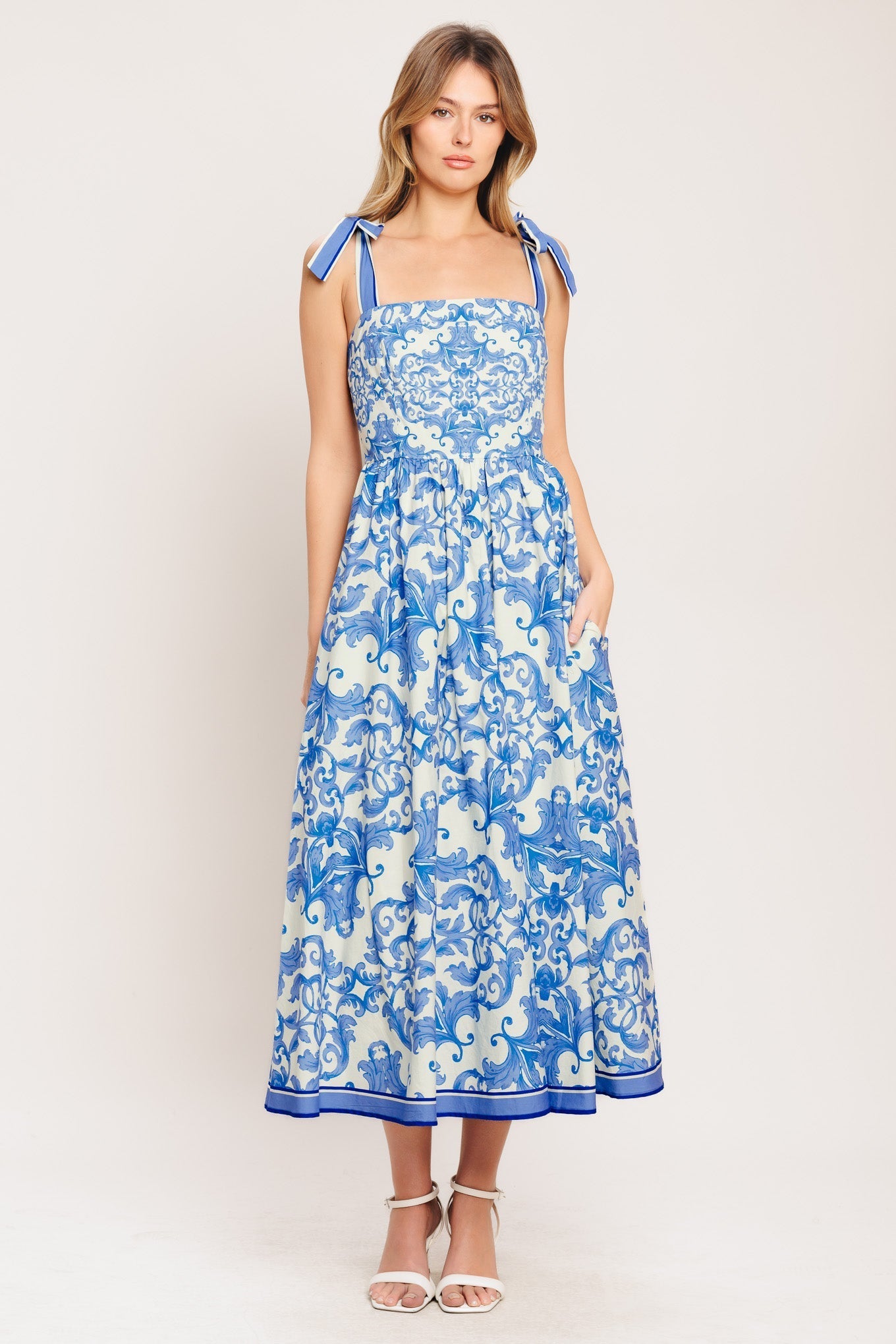 AZURE SCROLL WOVEN MIDI DRESS Flying Tomato