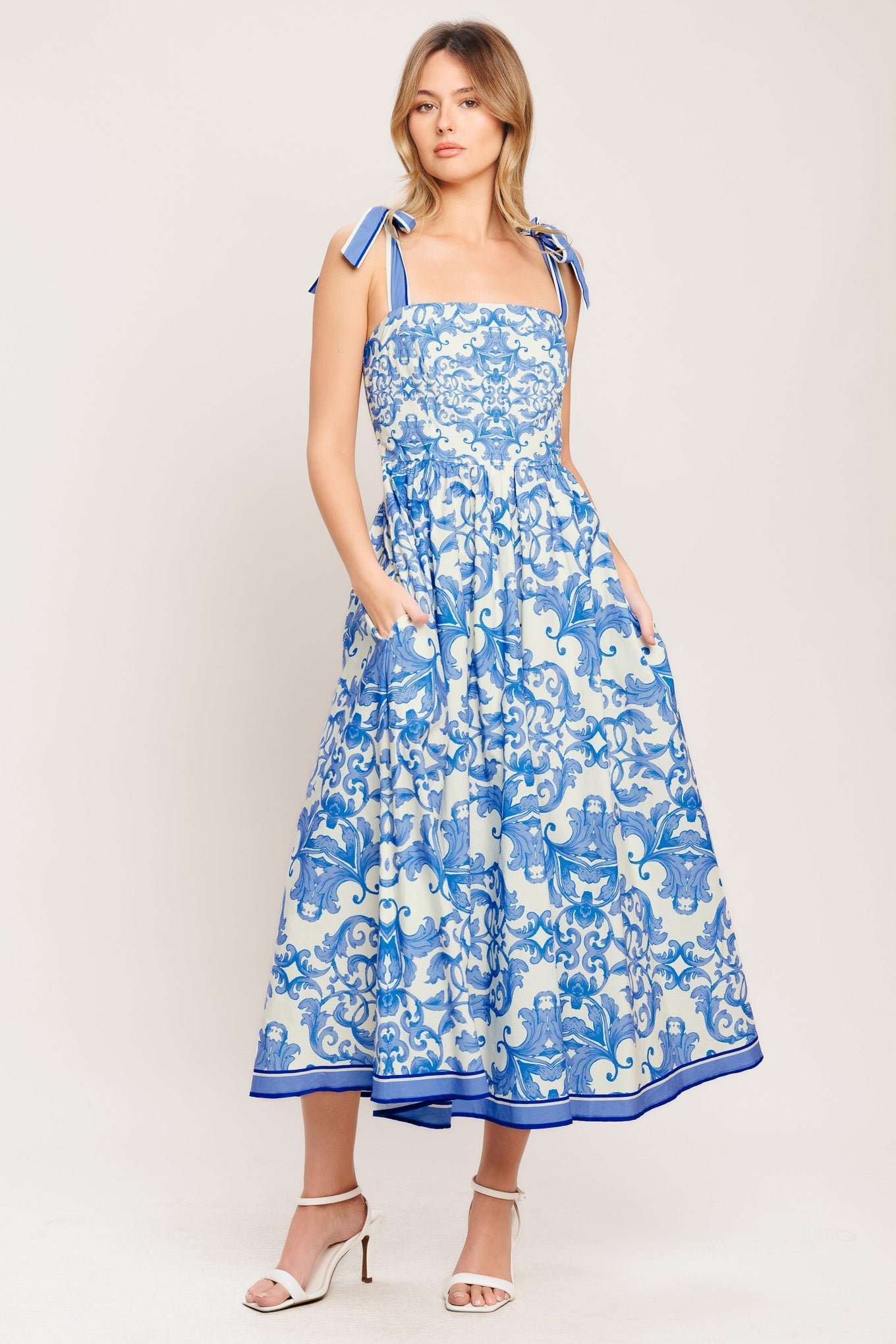 AZURE SCROLL WOVEN MIDI DRESS Flying Tomato