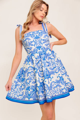 FLORENCE DAYS FLORAL BLUE WOVEN MINI DRESS - By Baano