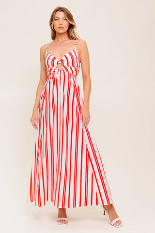 DREAM PETALS RED STRIPE WOVEN ANKLE DRESS - By Baano