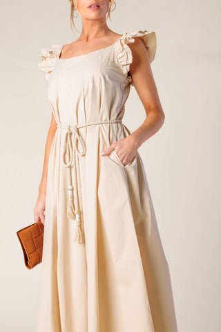 CHAMPAGNE TOAST TAUPE WOVEN MIDI DRESS - By Baano
