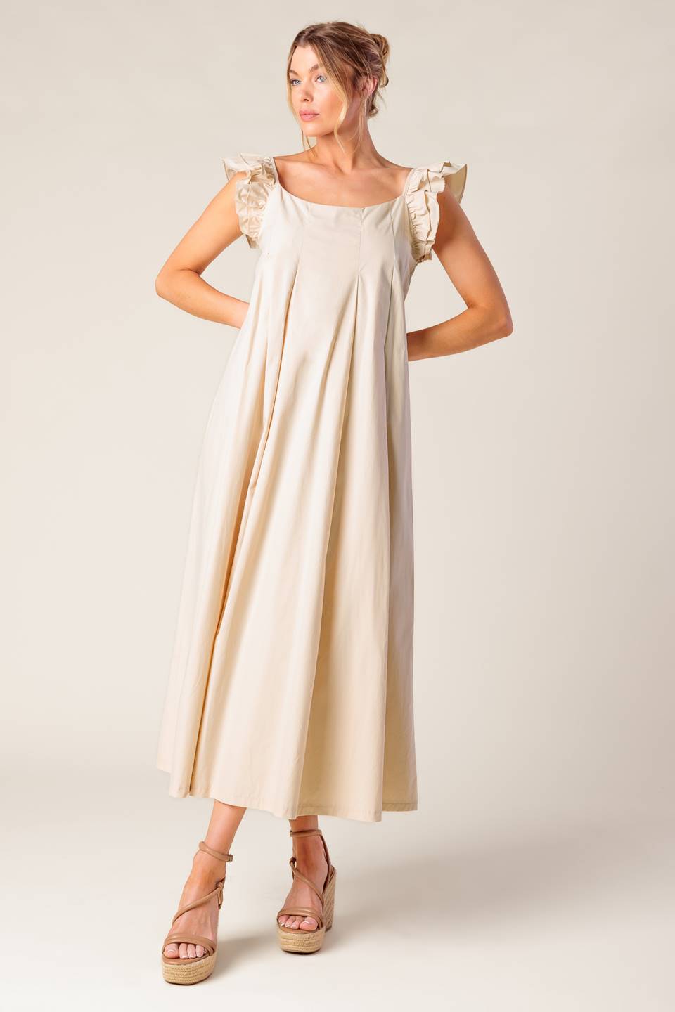 CHAMPAGNE TOAST TAUPE WOVEN MIDI DRESS - By Baano