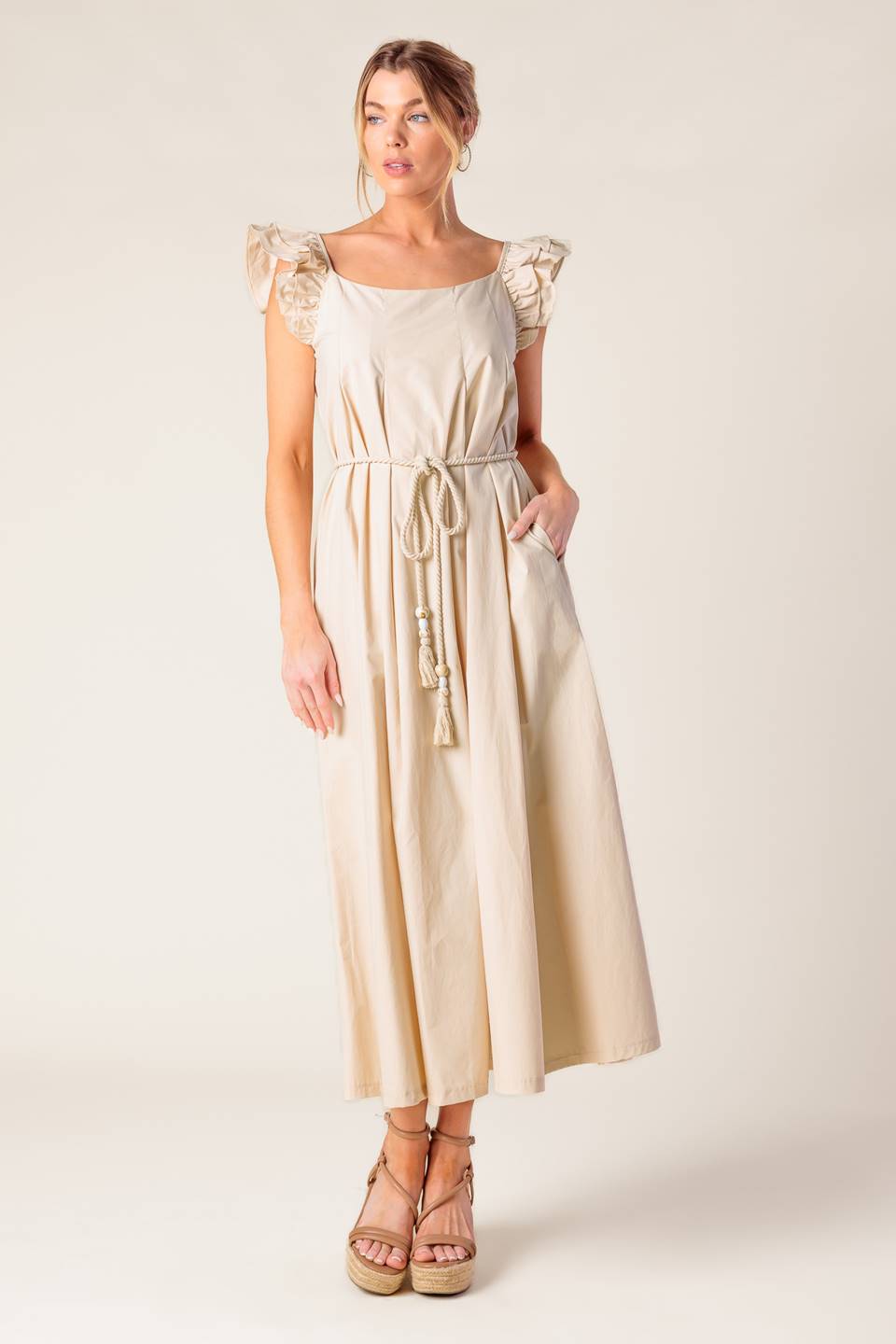 CHAMPAGNE TOAST TAUPE WOVEN MIDI DRESS - By Baano