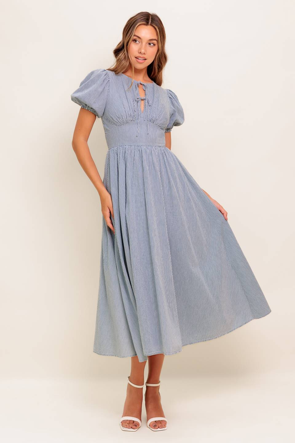 COZY GARDEN IVORY BLUE WOVEN MIDI DRESS - By Baano