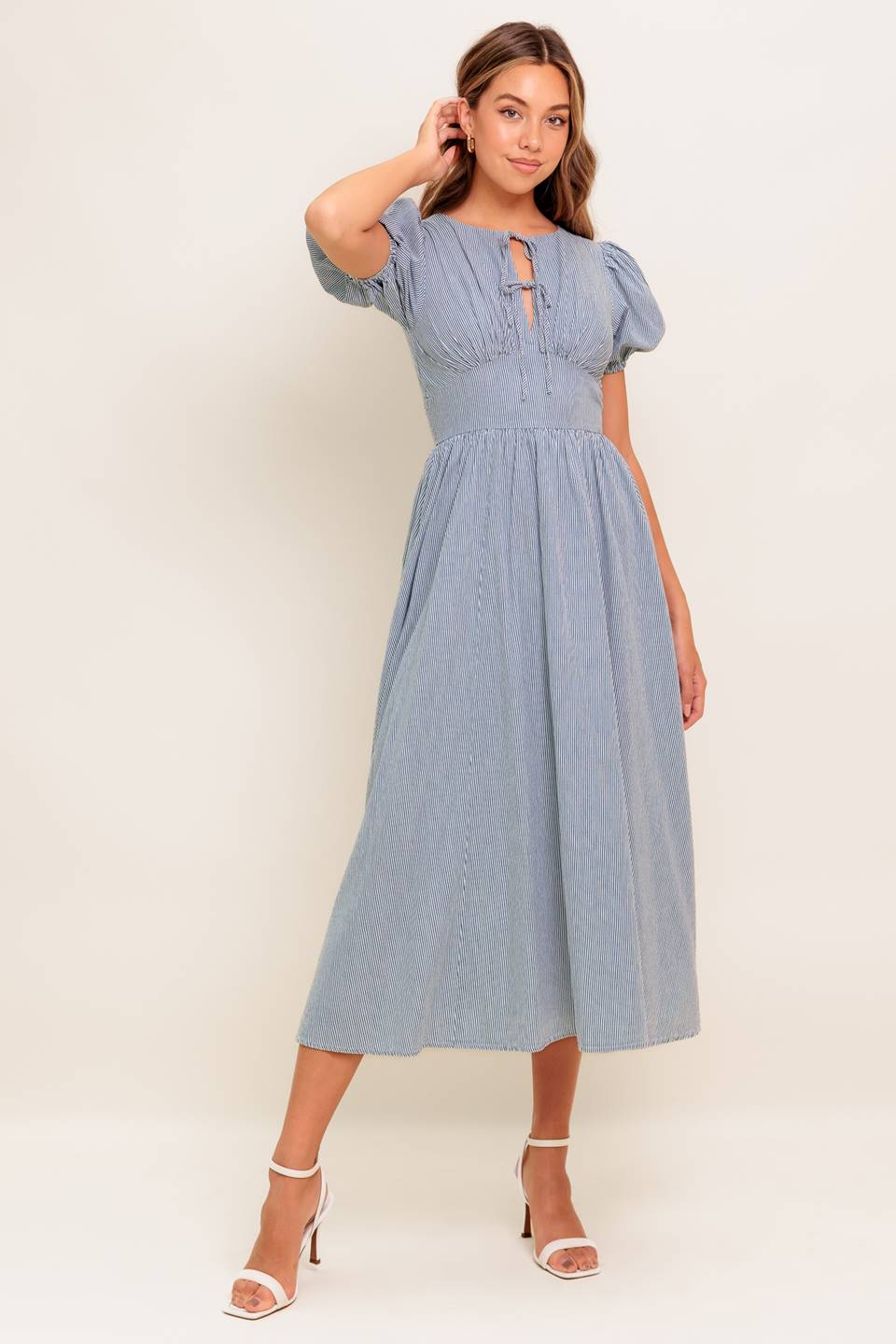 COZY GARDEN IVORY BLUE WOVEN MIDI DRESS - By Baano