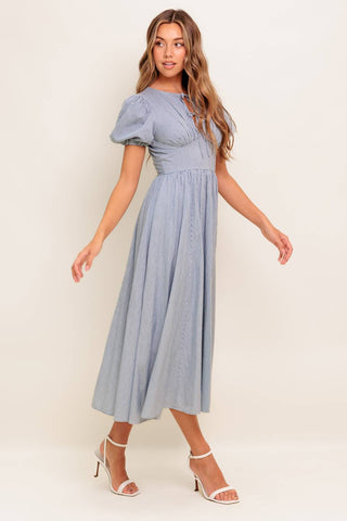 COZY GARDEN IVORY BLUE WOVEN MIDI DRESS - By Baano