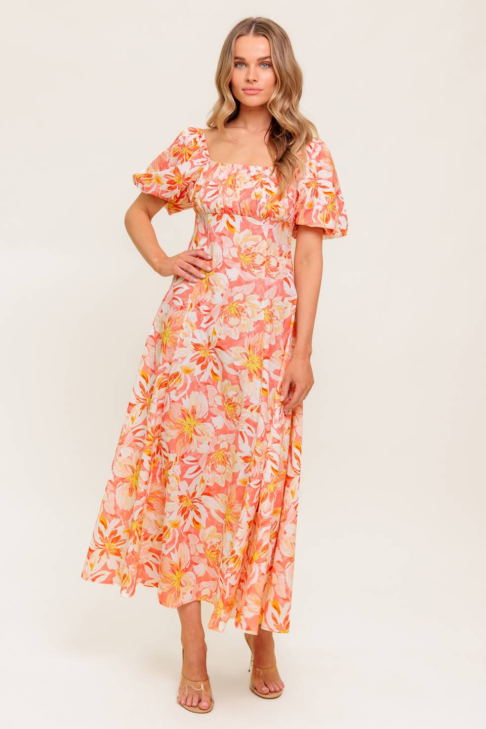 OCEAN FLORALS CORAL WOVEN MIDI DRESS - By Baano
