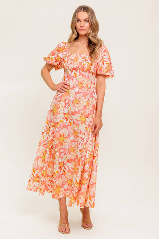 OCEAN FLORALS CORAL WOVEN MIDI DRESS - By Baano