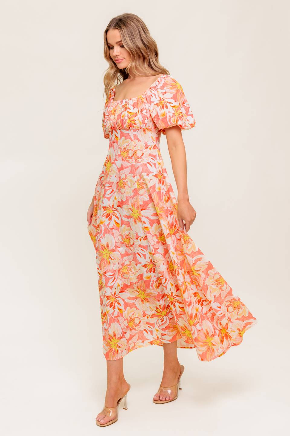 OCEAN FLORALS CORAL WOVEN MIDI DRESS - By Baano