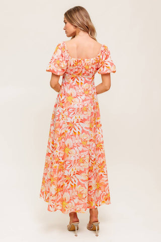 OCEAN FLORALS CORAL WOVEN MIDI DRESS - By Baano