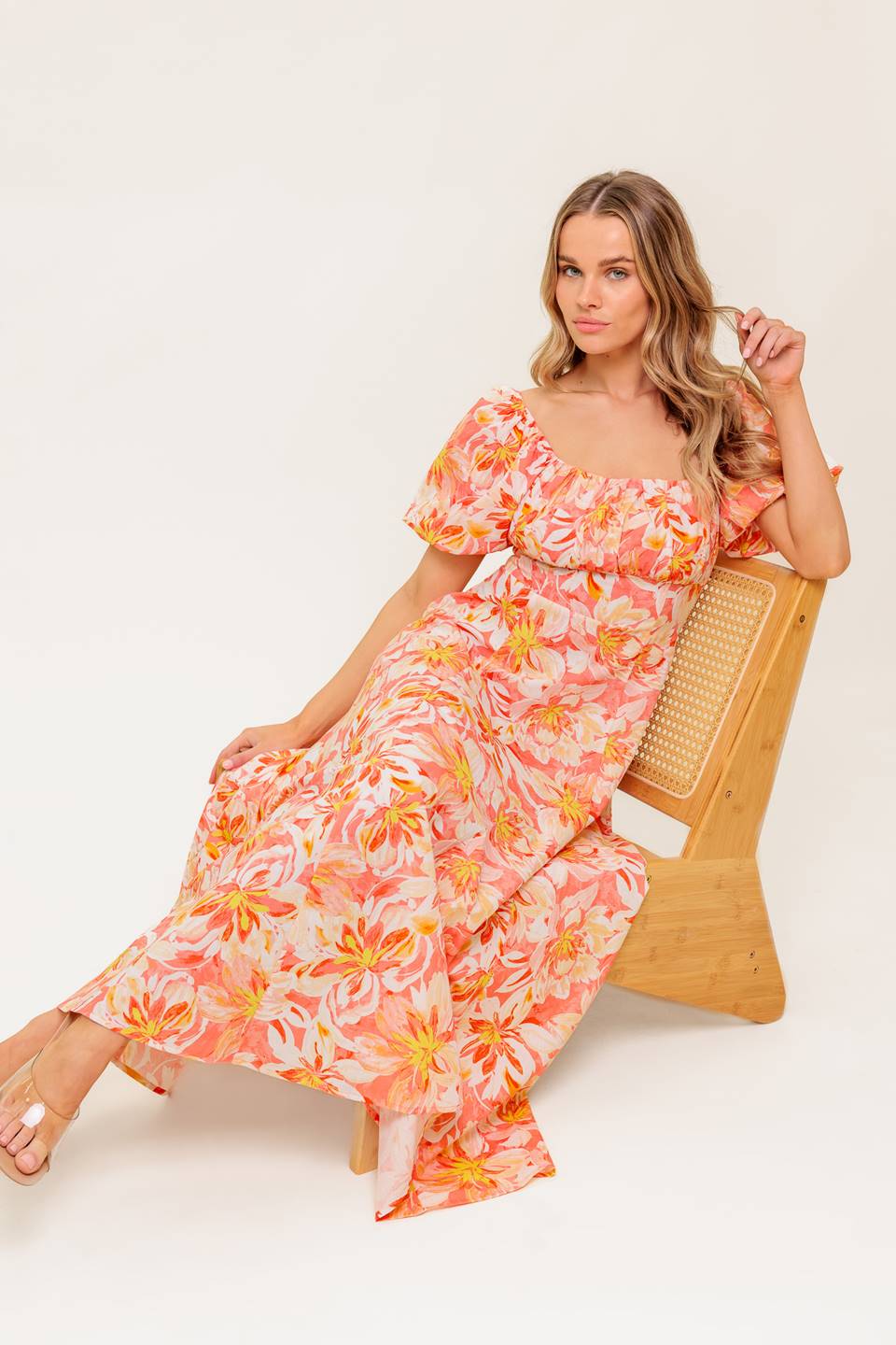 OCEAN FLORALS CORAL WOVEN MIDI DRESS - By Baano