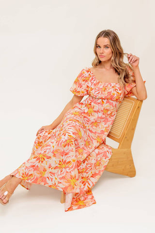 OCEAN FLORALS CORAL WOVEN MIDI DRESS - By Baano