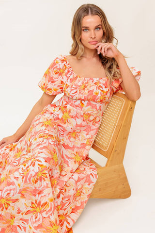 OCEAN FLORALS CORAL WOVEN MIDI DRESS - By Baano
