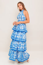 BLUSHING BLOSSOM BLUE WOVEN MAXI DRESS - By Baano
