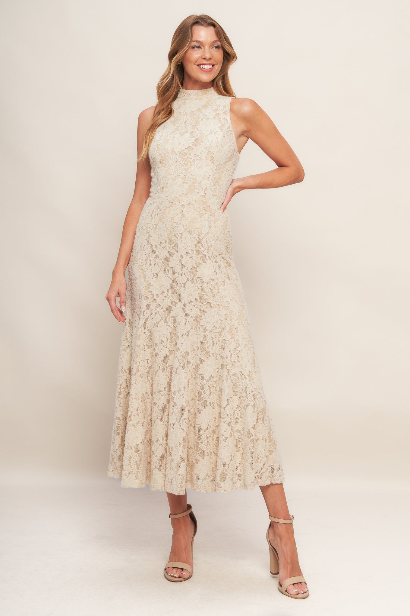 ELEGANT FLORAL STRETCH LACE MIDI DRESS - By Baano