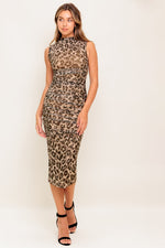 WILD INSTINCT LEOPARD POWER MESH MIDI DRESS - By Baano
