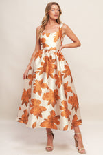 AUTUMNAL FLORAL WOVEN MIDI DRESS - By Baano