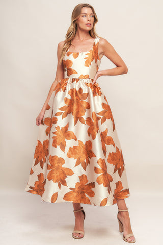 AUTUMNAL FLORAL WOVEN MIDI DRESS - By Baano