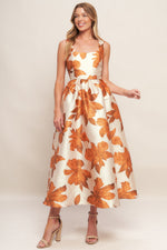 AUTUMNAL FLORAL WOVEN MIDI DRESS - By Baano