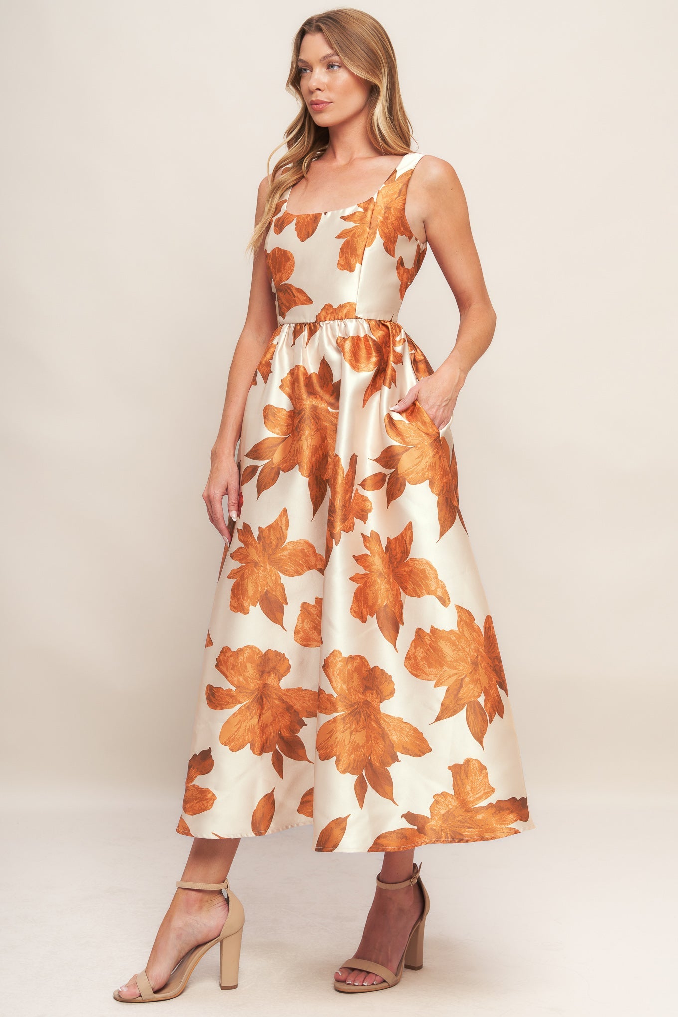 AUTUMNAL FLORAL WOVEN MIDI DRESS - By Baano