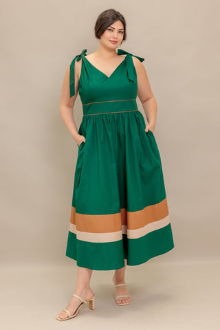 FOREST CHARM WOVEN COLOR BLOCKED MIDI DRESS - By Baano