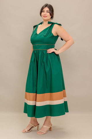 FOREST CHARM WOVEN COLOR BLOCKED MIDI DRESS - By Baano
