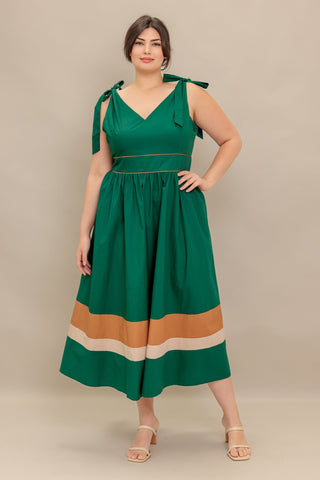 FOREST CHARM WOVEN COLOR BLOCKED MIDI DRESS - By Baano