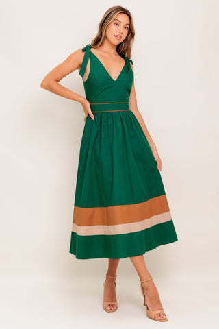 FOREST CHARM WOVEN COLOR BLOCKED MIDI DRESS - By Baano