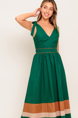 FOREST CHARM WOVEN COLOR BLOCKED MIDI DRESS - By Baano