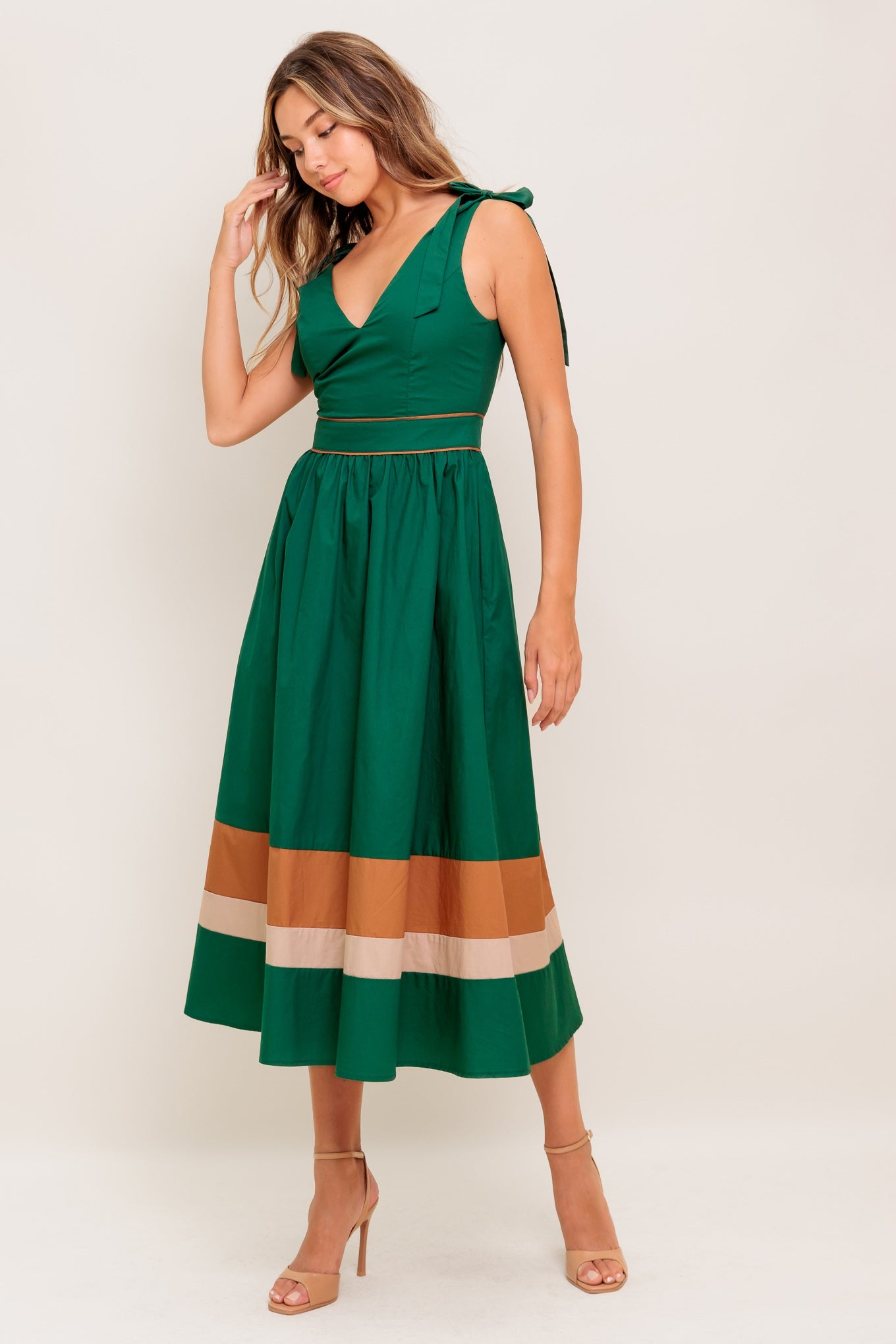 FOREST CHARM WOVEN COLOR BLOCKED MIDI DRESS - By Baano