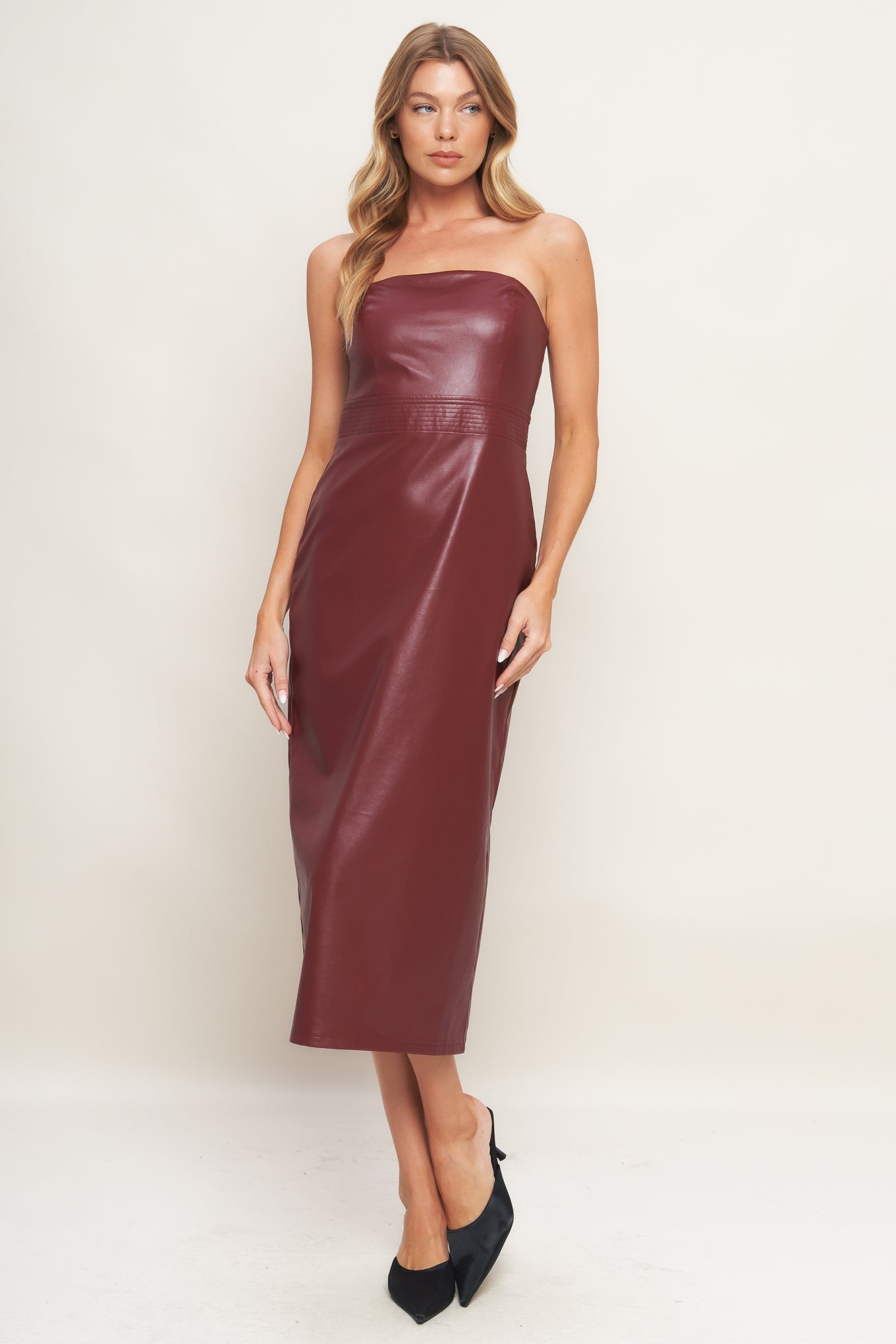 RUNWAY TREND FAUX LEATHER MIDI DRESS - By Baano
