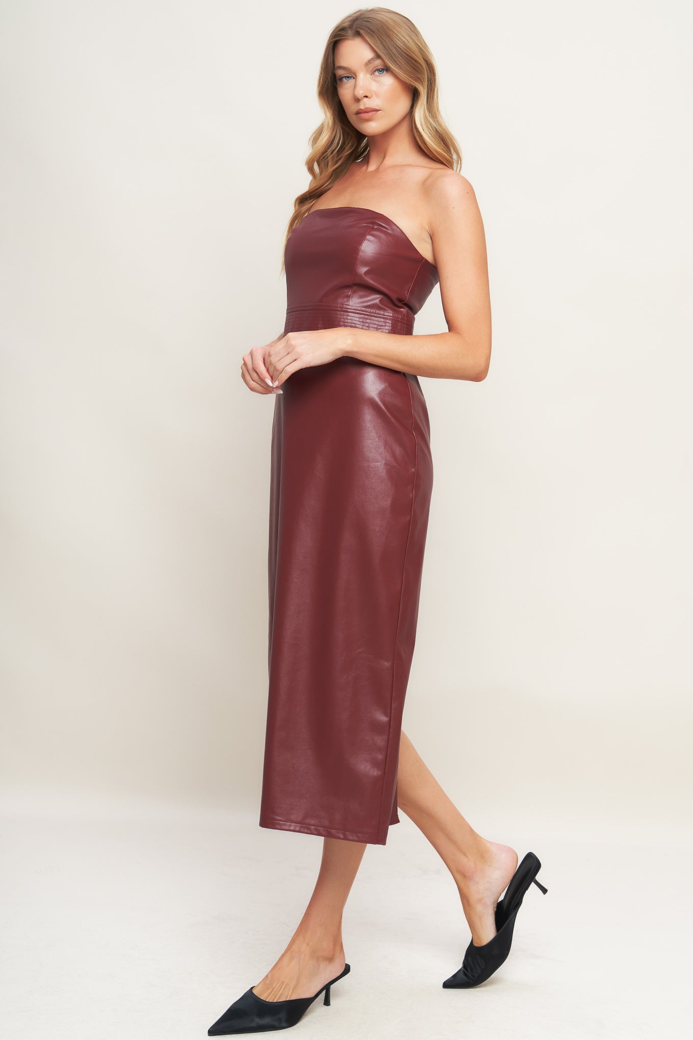 RUNWAY TREND FAUX LEATHER MIDI DRESS - By Baano