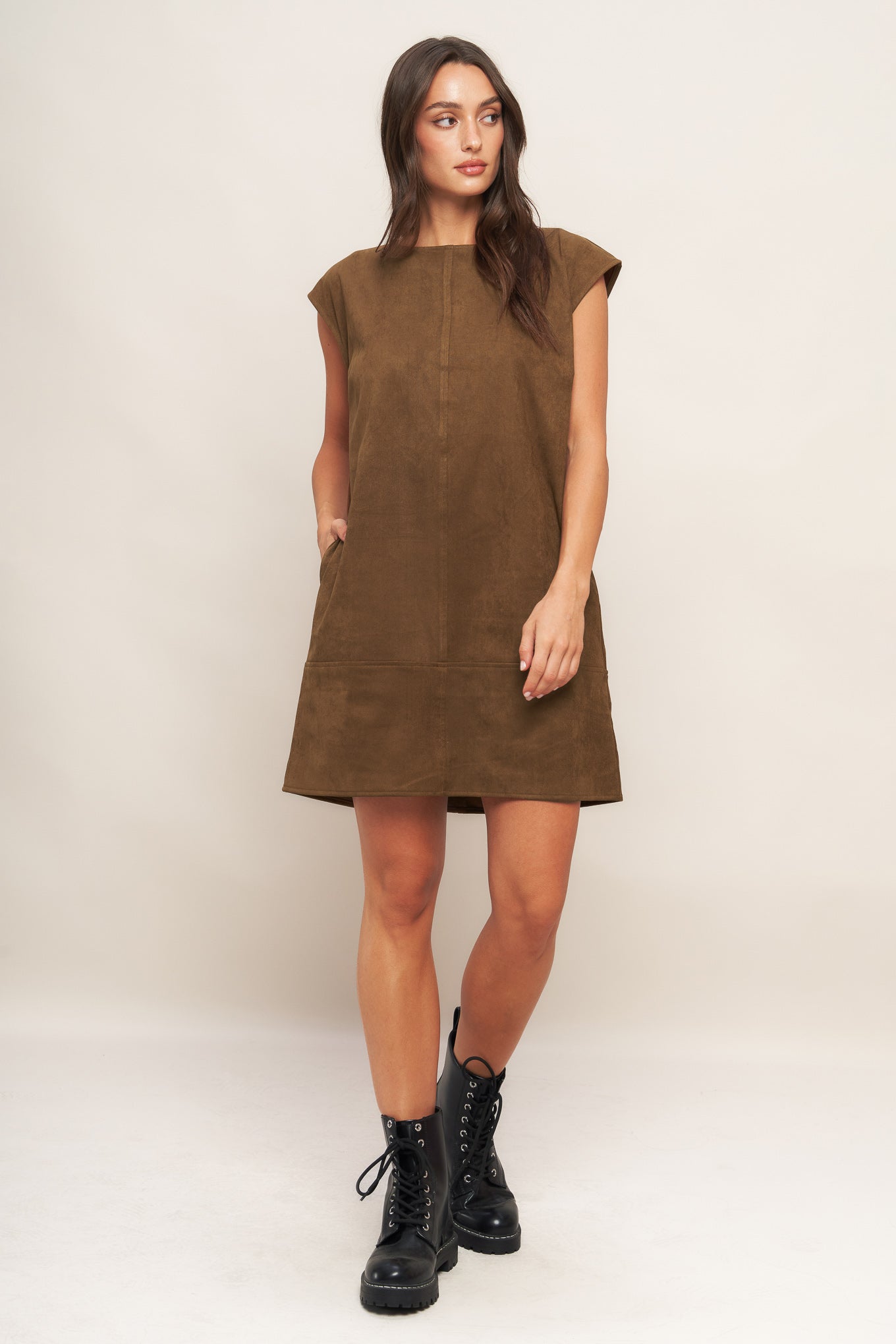 QUIET LUXURY EDGE FAUX SUEDE MIDI SHIFT DRESS - By Baano