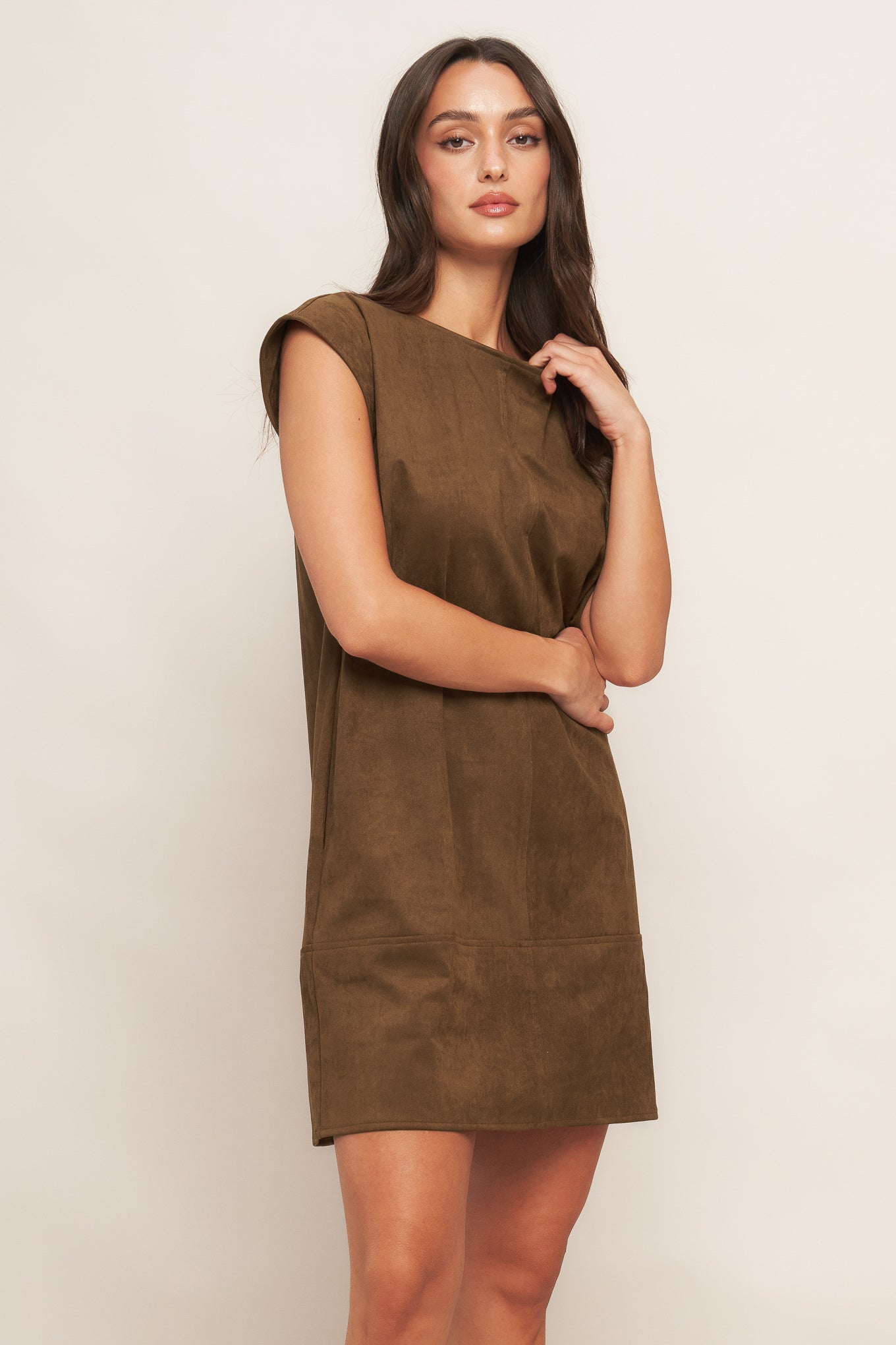 QUIET LUXURY EDGE FAUX SUEDE MIDI SHIFT DRESS - By Baano