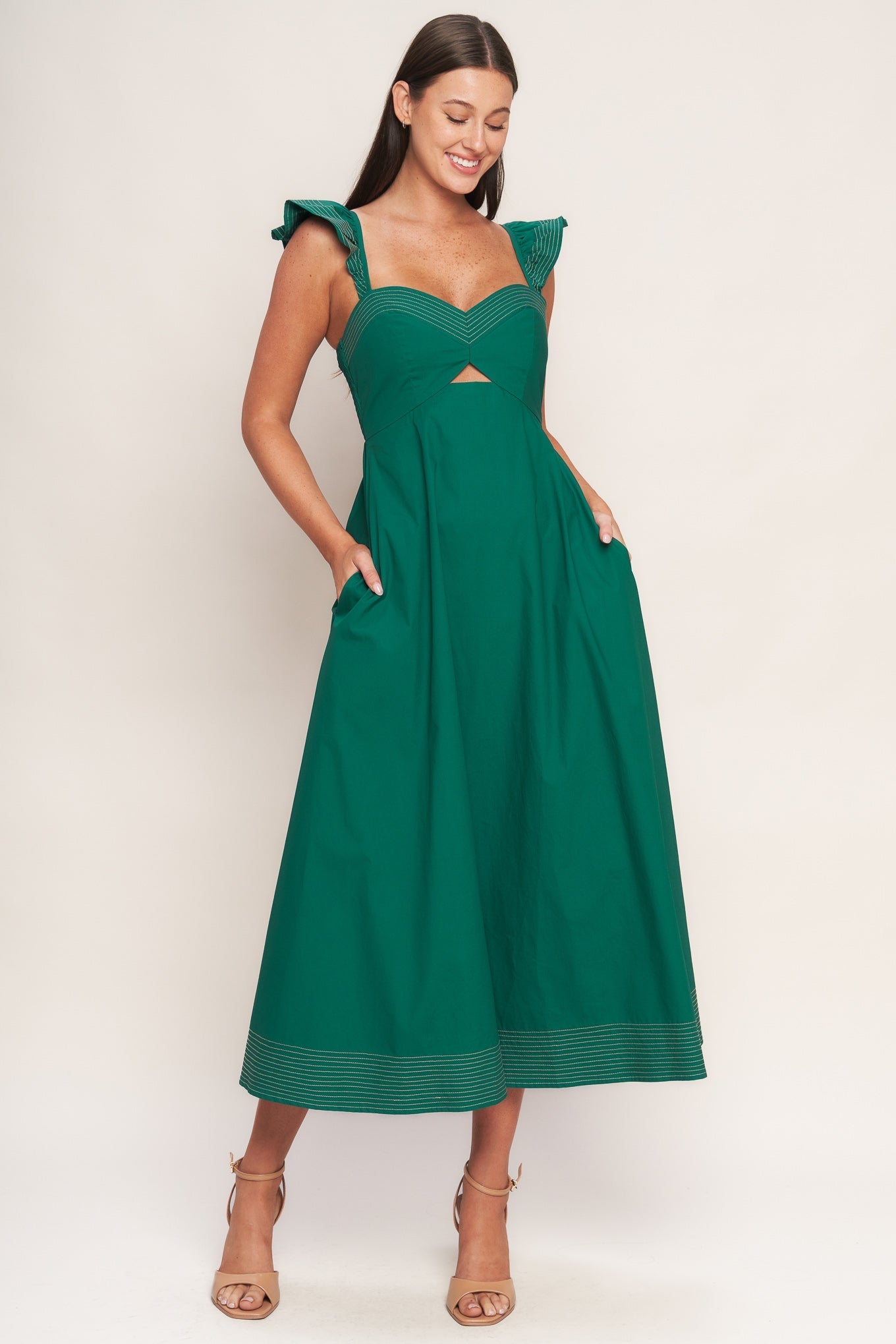 TUSCAN SUNSET GREEN WOVEN MIDI DRESS Flying Tomato