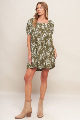 BOTANICAL OUTLINE WOVEN MINI DRESS - By Baano