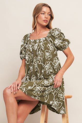 BOTANICAL OUTLINE WOVEN MINI DRESS - By Baano