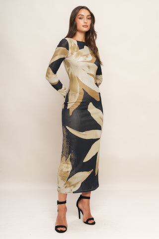 ABSTRACT BOTANICA POWER MESH MIDI DRESS