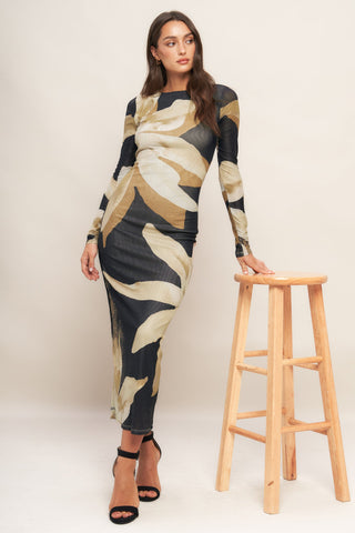 ABSTRACT BOTANICA POWER MESH MIDI DRESS
