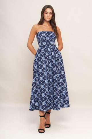 BLUE RENAISSANCE WOVEN MIDI DRESS - By Baano