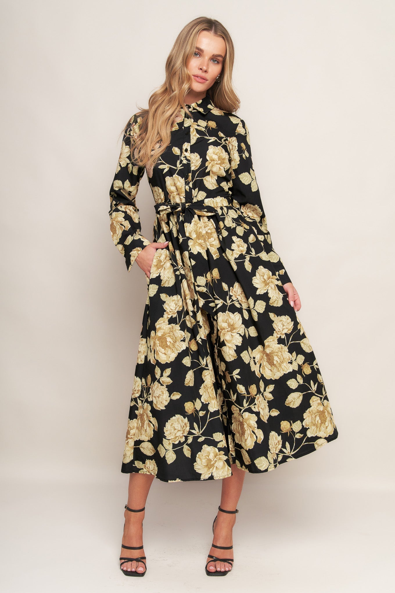 MIDNIGHT BLOOM BLACK WOVEN MIDI DRESS - By Baano