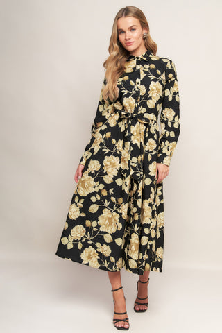 MIDNIGHT BLOOM BLACK WOVEN MIDI DRESS - By Baano
