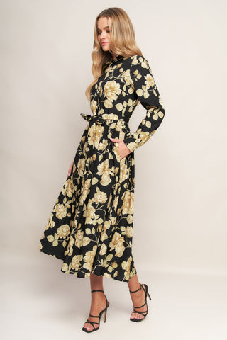 MIDNIGHT BLOOM BLACK WOVEN MIDI DRESS - By Baano