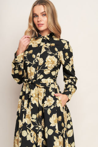 MIDNIGHT BLOOM BLACK WOVEN MIDI DRESS - By Baano