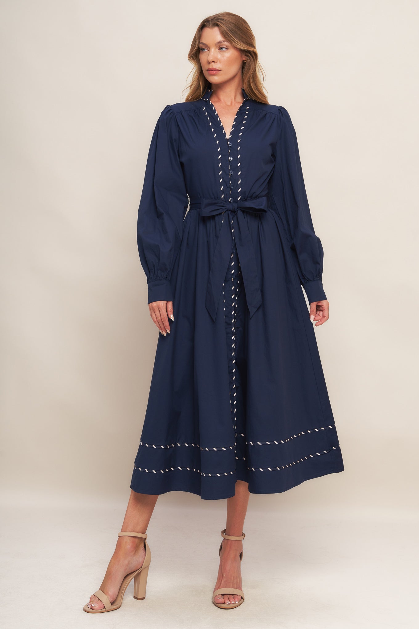 SHINE BRIGHT NAVY LONG SLLEVE WOVEN MIDI DRESS - By Baano