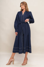 SHINE BRIGHT NAVY LONG SLLEVE WOVEN MIDI DRESS - By Baano