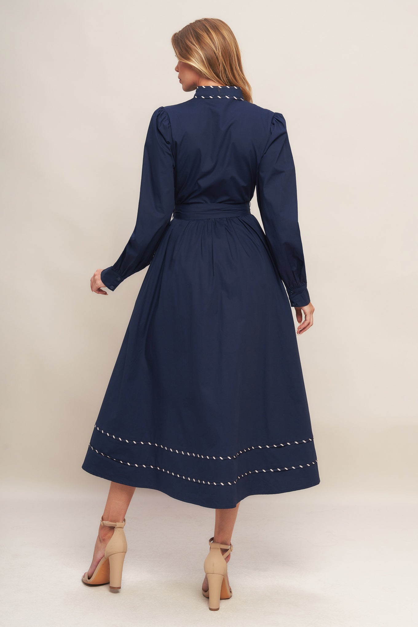 SHINE BRIGHT NAVY LONG SLLEVE WOVEN MIDI DRESS - By Baano